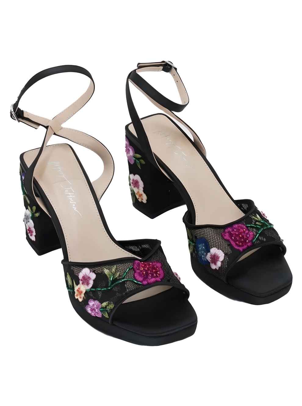 Betsey Johnson SB-KENNI Floral Embroidered Ankle Strap Block Heel Size 8M
